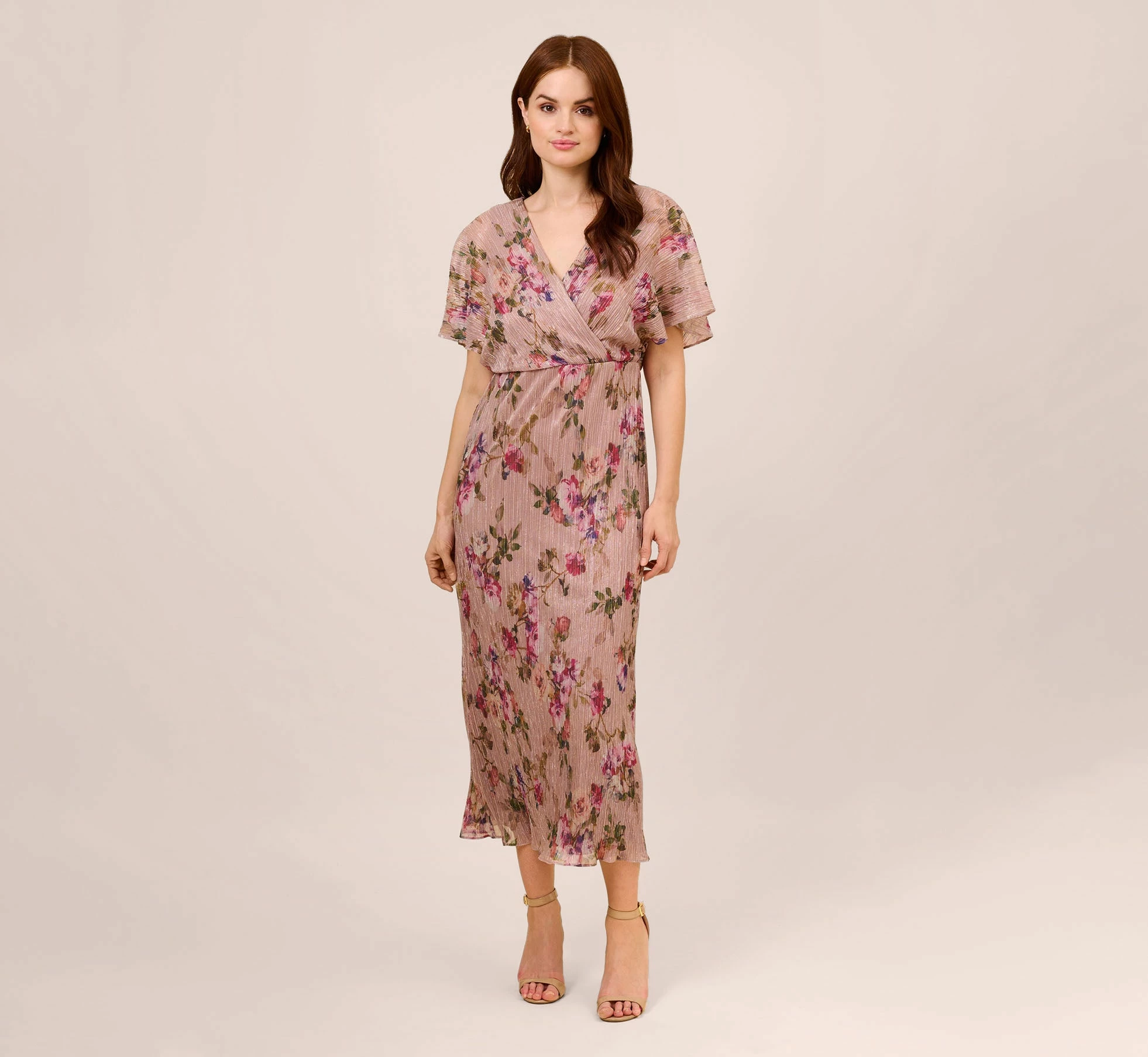 Adrianna Papell Floral-Print Metallic Crinkled Mesh Midi-Length Blouson Dress In Rose Multi 1 Adrianna Papell Floral-Print Metallic Crinkled Mesh Midi-Length Blouson Dress In Rose Multi