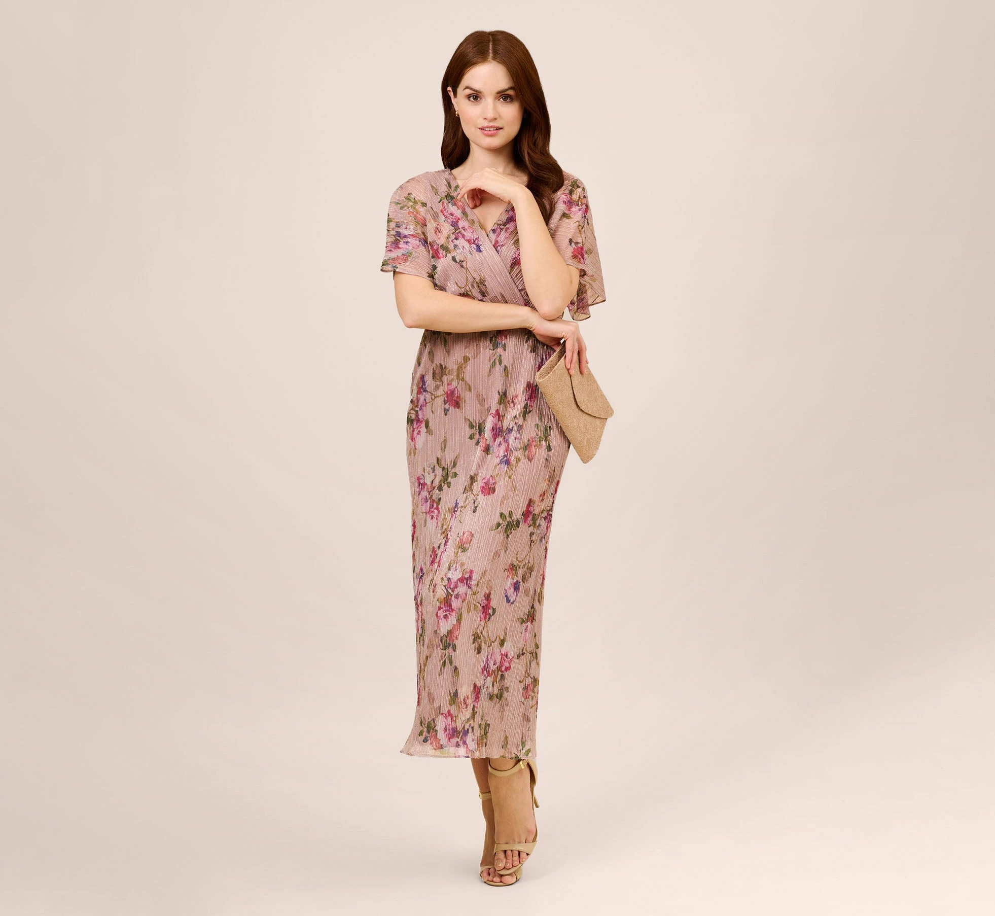 Adrianna Papell Floral-Print Metallic Crinkled Mesh Midi-Length Blouson Dress In Rose Multi 2 Adrianna Papell Floral-Print Metallic Crinkled Mesh Midi-Length Blouson Dress In Rose Multi - Image 2