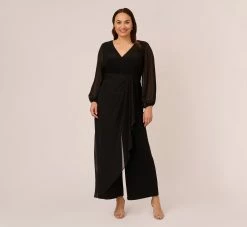 Adrianna Papell Plus Size Long Sleeve Jersey Jumpsuit With Chiffon Details In Black