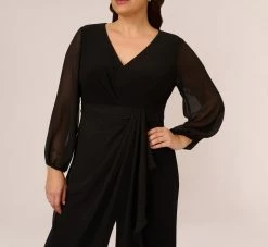 Adrianna Papell Plus Size Long Sleeve Jersey Jumpsuit With Chiffon Details In Black -Adrianna Papell Shop AP1D104925 AA002 Plus Detail c61224c9 7ea6 42a8 8453 bf2faa9b2f78