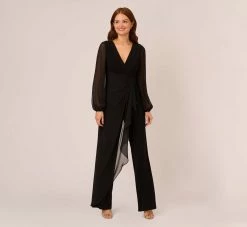 Adrianna Papell Long Sleeve Jersey Jumpsuit With Chiffon Details In Black