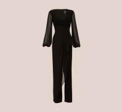 Adrianna Papell Long Sleeve Jersey Jumpsuit With Chiffon Details In Black -Adrianna Papell Shop AP1D104925 AA002 Regular Flat 306b4daa 4461 42ab acf6 b54c5d991616