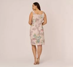 Adrianna Papell Plus Size Floral Matelasse Sheath Dress With Draped Details In Marble Multi 10 Adrianna Papell Plus Size Floral Matelasse Sheath Dress With Draped Details In Marble Multi -Adrianna Papell Shop AP1D104940 AA291 Plus Back