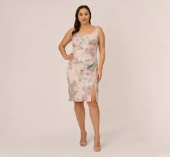 Adrianna Papell Plus Size Floral Matelasse Sheath Dress With Draped Details In Marble Multi 13 Adrianna Papell Plus Size Floral Matelasse Sheath Dress With Draped Details In Marble Multi -Adrianna Papell Shop AP1D104940 AA291 Plus Front