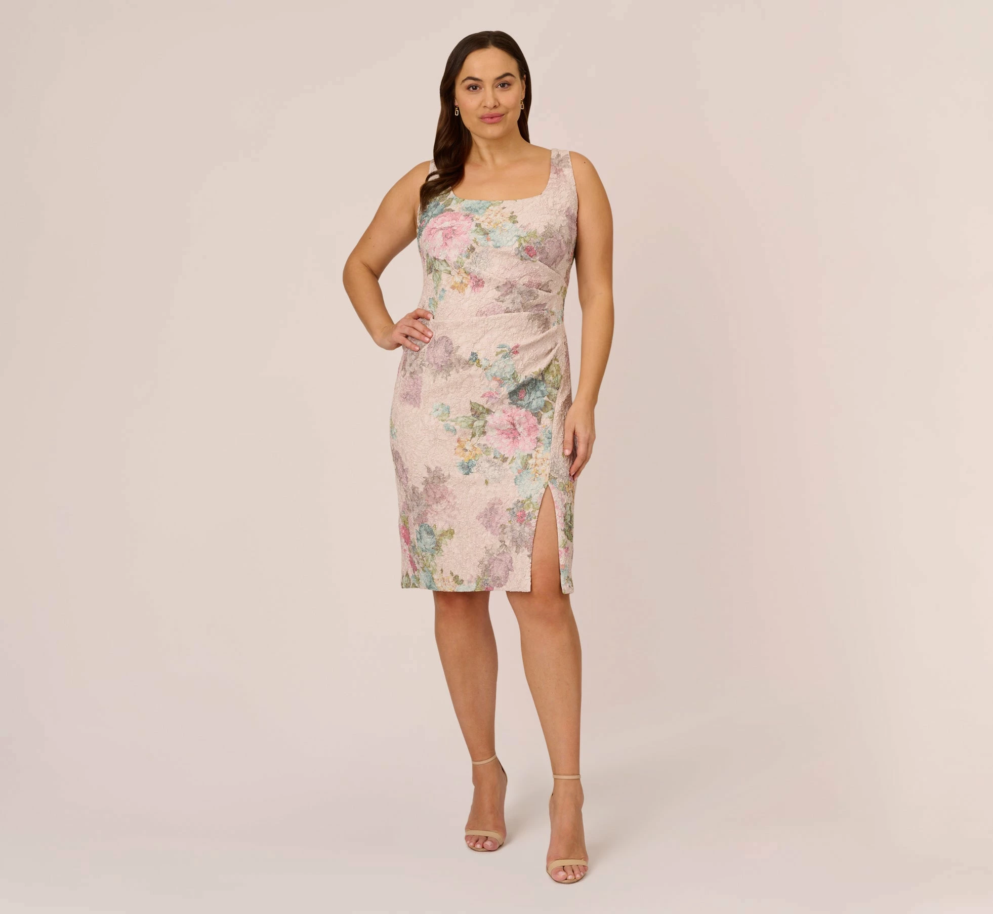 Adrianna Papell Plus Size Floral Matelasse Sheath Dress With Draped Details In Marble Multi 7 Adrianna Papell Plus Size Floral Matelasse Sheath Dress With Draped Details In Marble Multi - Image 7