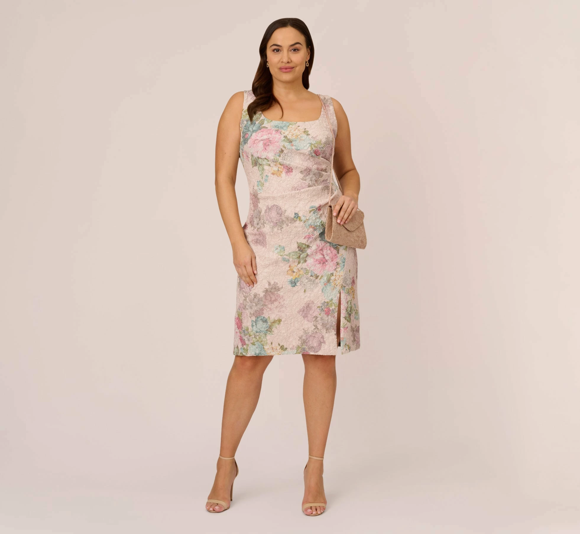 Adrianna Papell Plus Size Floral Matelasse Sheath Dress With Draped Details In Marble Multi 2 Adrianna Papell Plus Size Floral Matelasse Sheath Dress With Draped Details In Marble Multi - Image 2