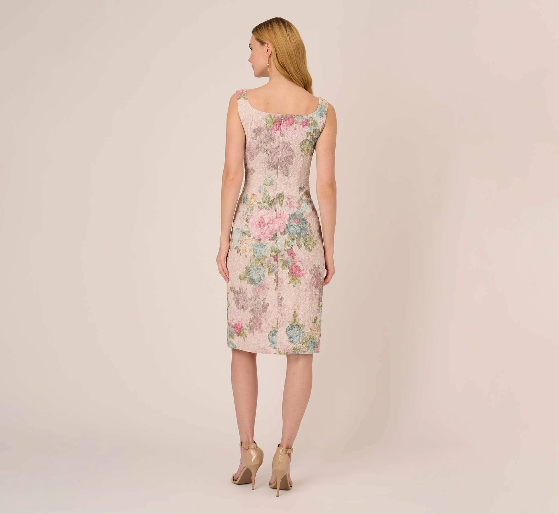 Adrianna Papell Floral Matelasse Sheath Dress With Draped Details In Marble Multi 3 Adrianna Papell Floral Matelasse Sheath Dress With Draped Details In Marble Multi - Image 3