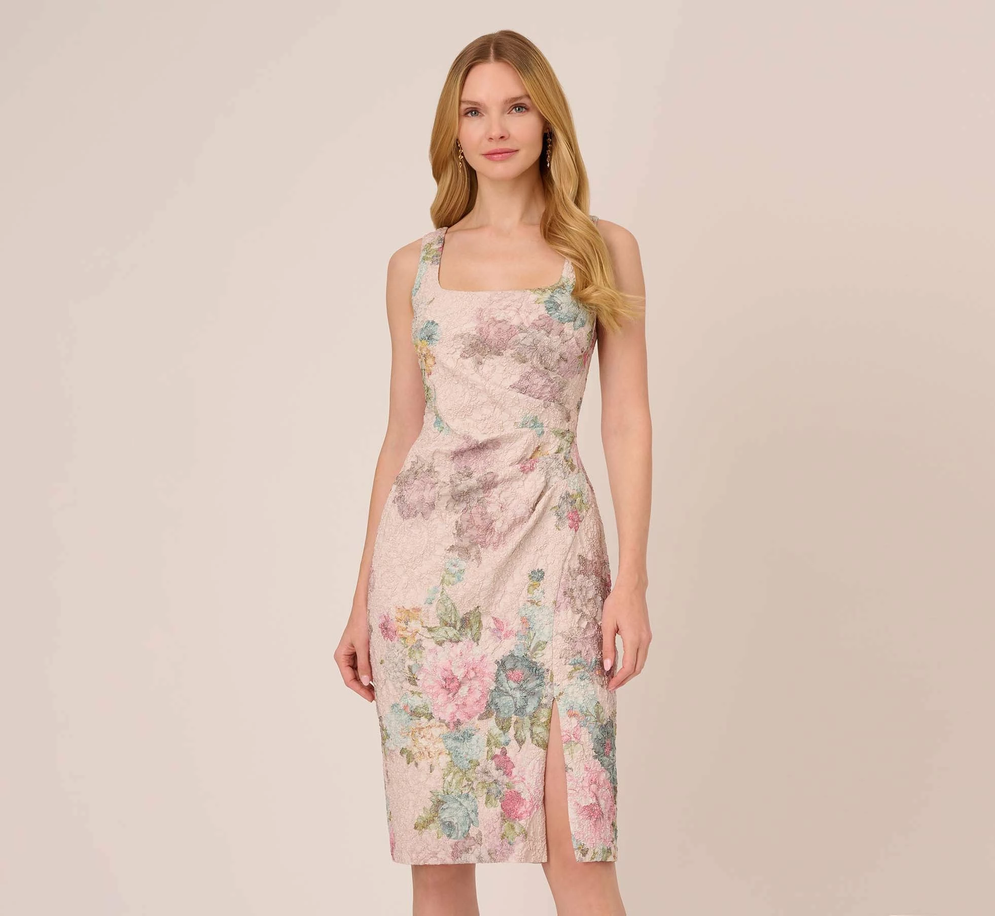 Adrianna Papell Floral Matelasse Sheath Dress With Draped Details In Marble Multi 8 Adrianna Papell Floral Matelasse Sheath Dress With Draped Details In Marble Multi - Image 8