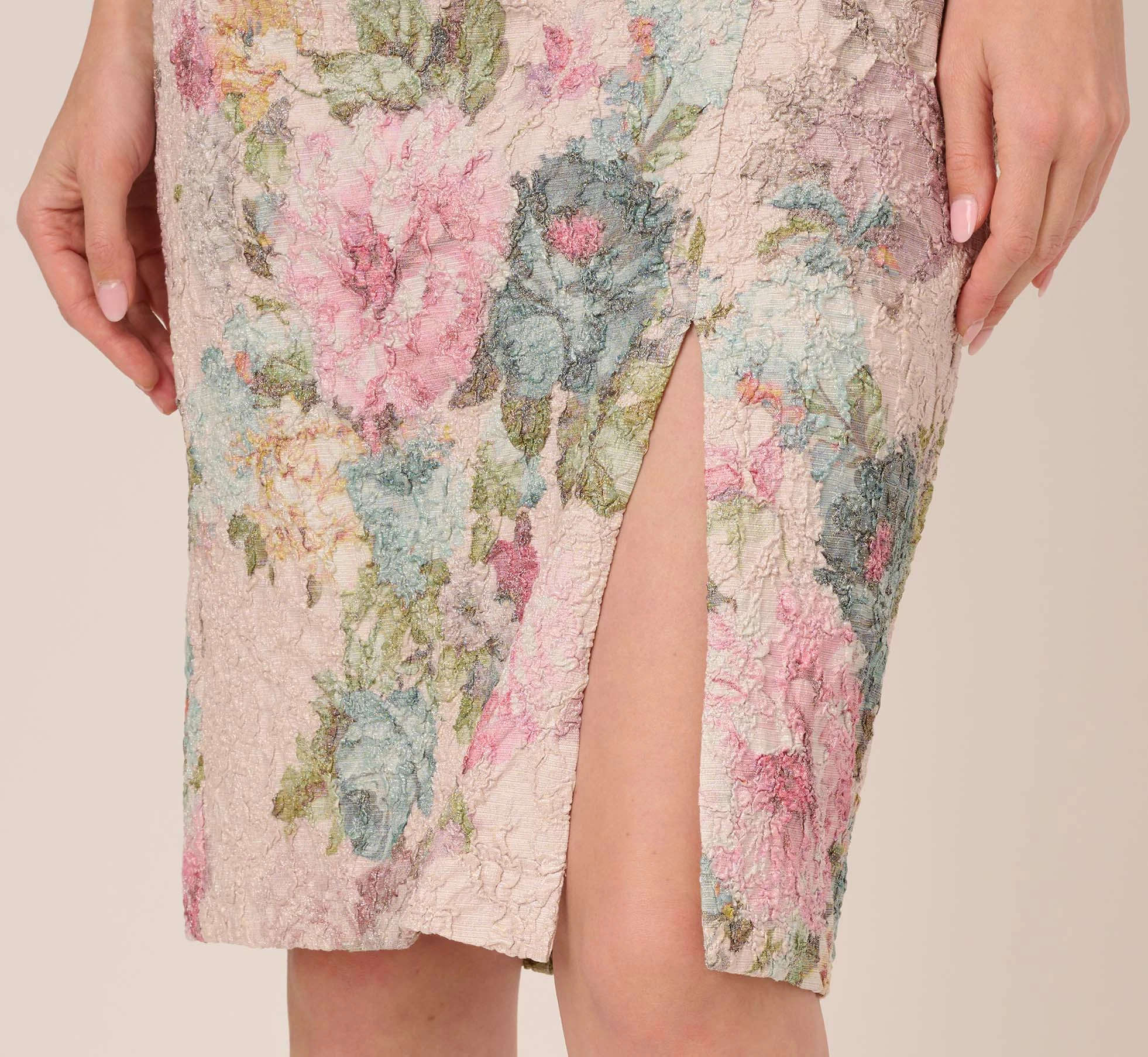 Adrianna Papell Floral Matelasse Sheath Dress With Draped Details In Marble Multi 7 Adrianna Papell Floral Matelasse Sheath Dress With Draped Details In Marble Multi - Image 7