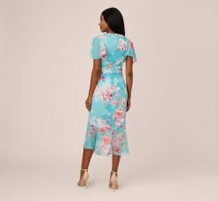 Adrianna Papell Floral Print Chiffon And Stretch Twill Midi-Length Mermaid Dress With Capelet In Aqua Multi -Adrianna Papell Shop AP1D104950 BZ980 Regular Back