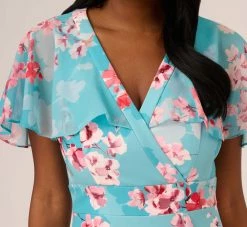 Adrianna Papell Floral Print Chiffon And Stretch Twill Midi-Length Mermaid Dress With Capelet In Aqua Multi -Adrianna Papell Shop AP1D104950 BZ980 Regular Detail