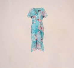 Adrianna Papell Floral Print Chiffon And Stretch Twill Midi-Length Mermaid Dress With Capelet In Aqua Multi -Adrianna Papell Shop AP1D104950 BZ980 Regular Flat