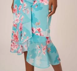 Adrianna Papell Floral Print Chiffon And Stretch Twill Midi-Length Mermaid Dress With Capelet In Aqua Multi -Adrianna Papell Shop AP1D104950 BZ980 Regular Lifestyle