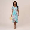 Adrianna Papell Floral Print Chiffon And Stretch Twill Midi-Length Mermaid Dress With Capelet In Aqua Multi