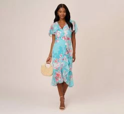 Adrianna Papell Floral Print Chiffon And Stretch Twill Midi-Length Mermaid Dress With Capelet In Aqua Multi
