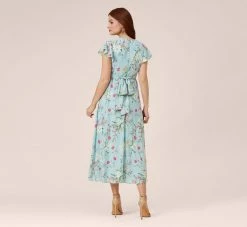 Adrianna Papell Floral Print Stretch Chiffon Midi-Length Fit-And-Flare Dress With Flutter Sleeves In Mint Smoke 10 Adrianna Papell Floral Print Stretch Chiffon Midi-Length Fit-And-Flare Dress With Flutter Sleeves In Mint Smoke -Adrianna Papell Shop AP1D104952 AH484 Regular Back