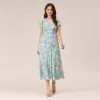 Adrianna Papell Floral Print Stretch Chiffon Midi-Length Fit-And-Flare Dress With Flutter Sleeves In Mint Smoke