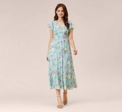 Adrianna Papell Floral Print Stretch Chiffon Midi-Length Fit-And-Flare Dress With Flutter Sleeves In Mint Smoke