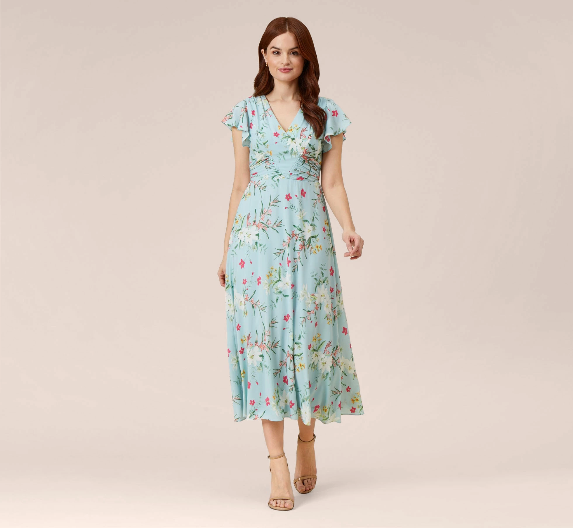Adrianna Papell Floral Print Stretch Chiffon Midi-Length Fit-And-Flare Dress With Flutter Sleeves In Mint Smoke 1 Adrianna Papell Floral Print Stretch Chiffon Midi-Length Fit-And-Flare Dress With Flutter Sleeves In Mint Smoke