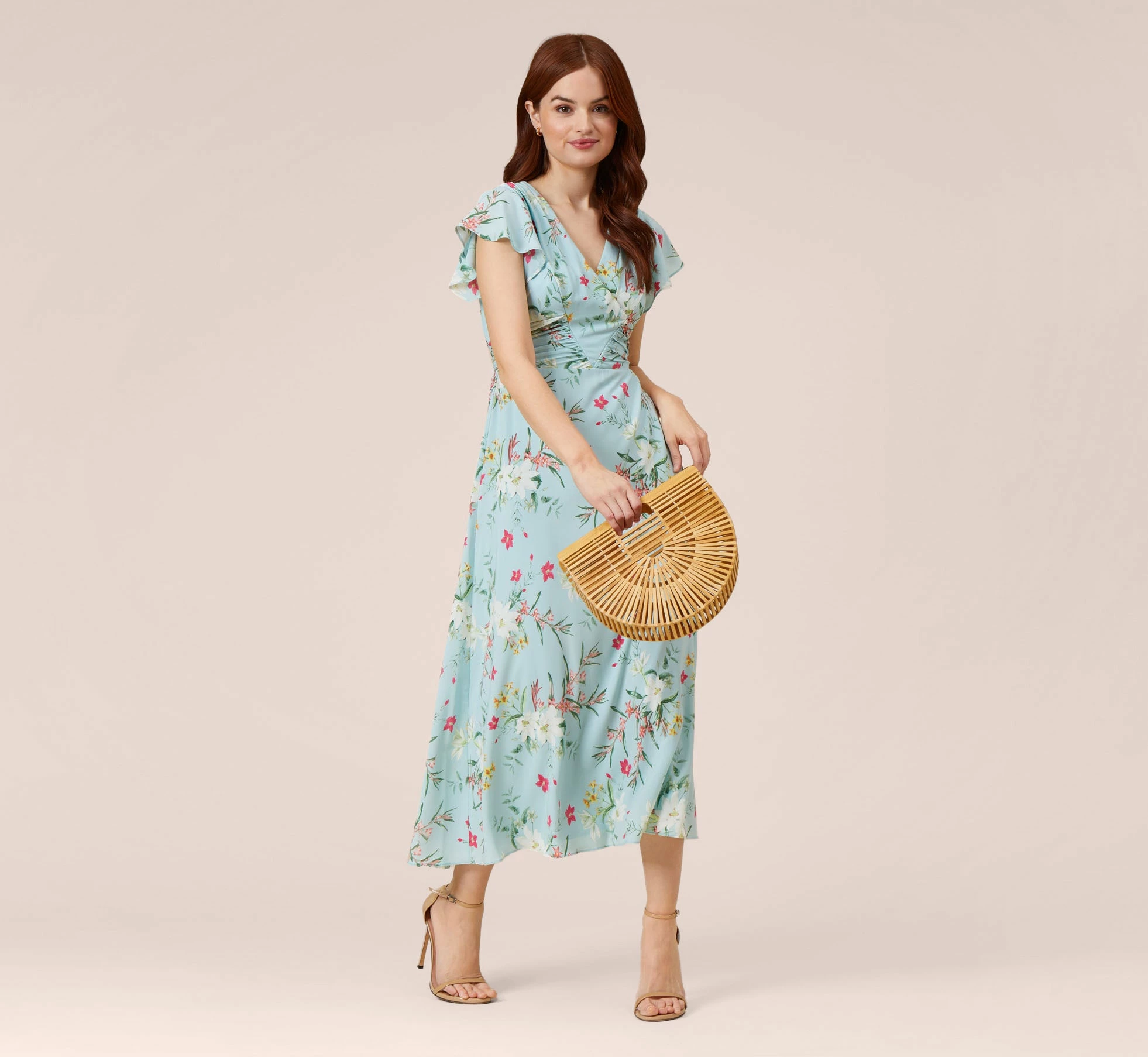Adrianna Papell Floral Print Stretch Chiffon Midi-Length Fit-And-Flare Dress With Flutter Sleeves In Mint Smoke 2 Adrianna Papell Floral Print Stretch Chiffon Midi-Length Fit-And-Flare Dress With Flutter Sleeves In Mint Smoke - Image 2