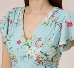 Adrianna Papell Floral Print Stretch Chiffon Midi-Length Fit-And-Flare Dress With Flutter Sleeves In Mint Smoke 11 Adrianna Papell Floral Print Stretch Chiffon Midi-Length Fit-And-Flare Dress With Flutter Sleeves In Mint Smoke -Adrianna Papell Shop AP1D104952 AH484 Regular Side