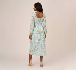 Adrianna Papell Floral Print Stretch Chiffon Tiered Ruffled Midi-Length Dress In Mint Smoke 10 Adrianna Papell Floral Print Stretch Chiffon Tiered Ruffled Midi-Length Dress In Mint Smoke -Adrianna Papell Shop AP1D104953 AH484 Regular Back