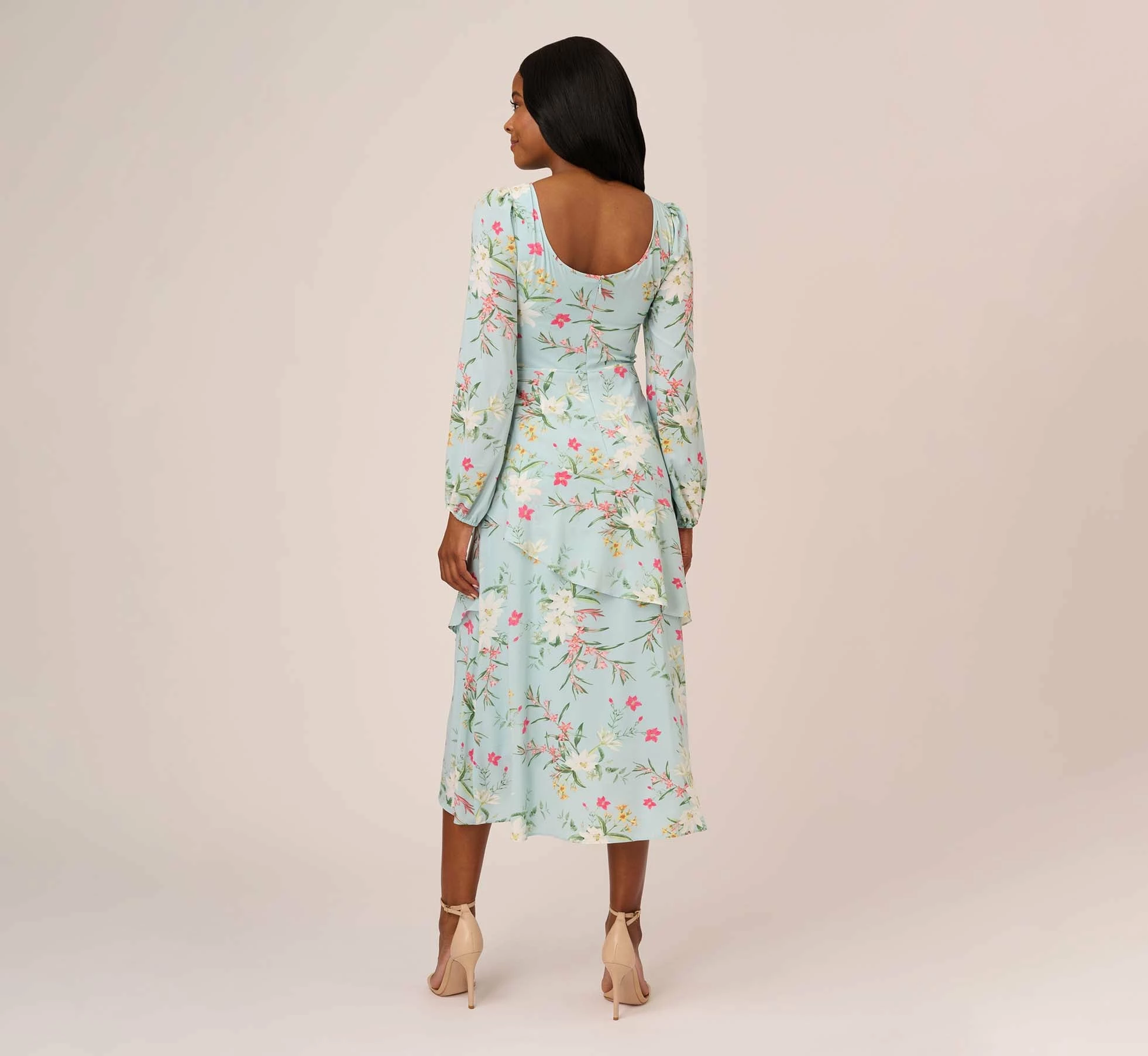 Adrianna Papell Floral Print Stretch Chiffon Tiered Ruffled Midi-Length Dress In Mint Smoke 4 Adrianna Papell Floral Print Stretch Chiffon Tiered Ruffled Midi-Length Dress In Mint Smoke - Image 4