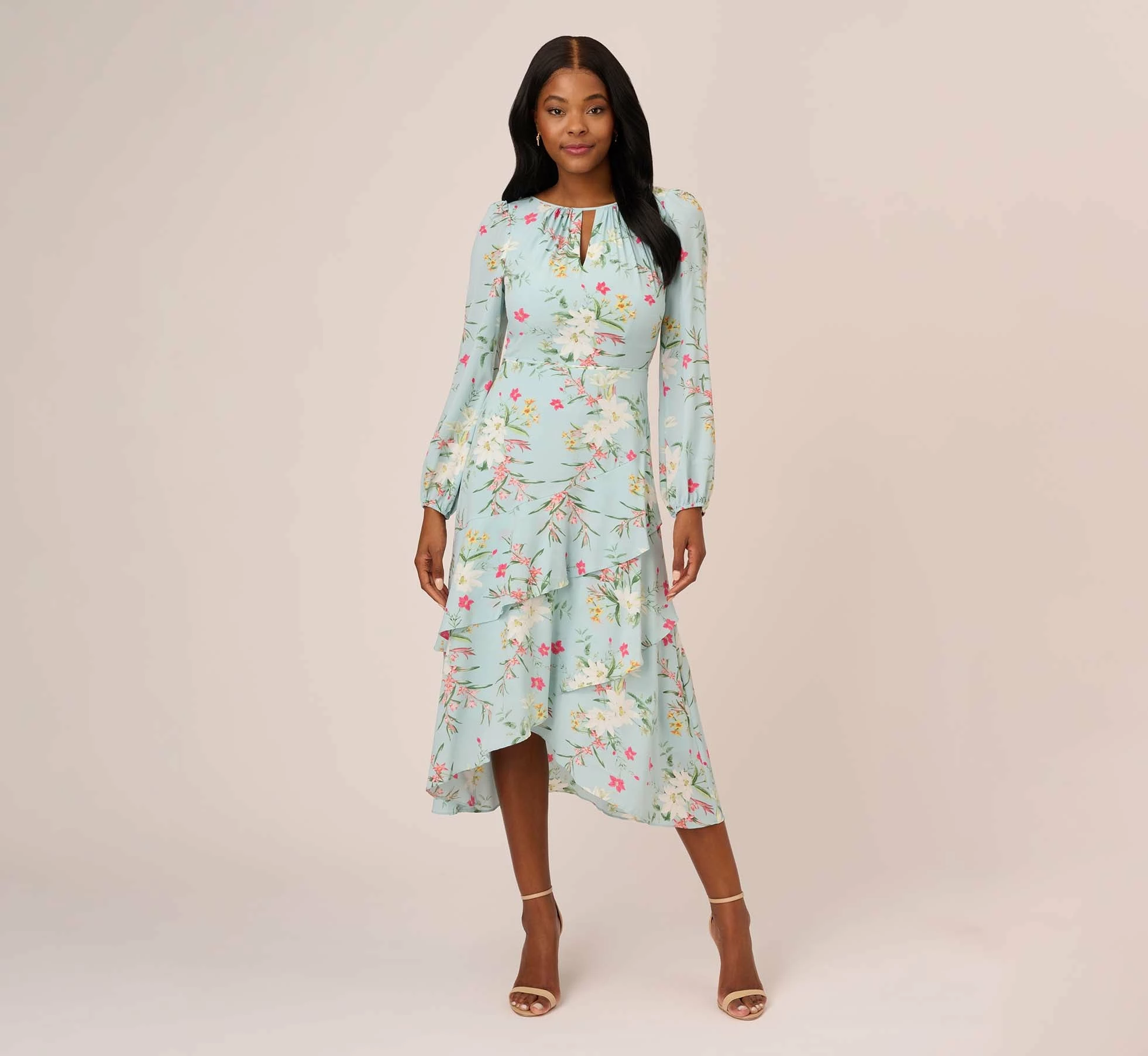 Adrianna Papell Floral Print Stretch Chiffon Tiered Ruffled Midi-Length Dress In Mint Smoke 2 Adrianna Papell Floral Print Stretch Chiffon Tiered Ruffled Midi-Length Dress In Mint Smoke - Image 2