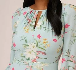 Adrianna Papell Floral Print Stretch Chiffon Tiered Ruffled Midi-Length Dress In Mint Smoke 9 Adrianna Papell Floral Print Stretch Chiffon Tiered Ruffled Midi-Length Dress In Mint Smoke -Adrianna Papell Shop AP1D104953 AH484 Regular Detail