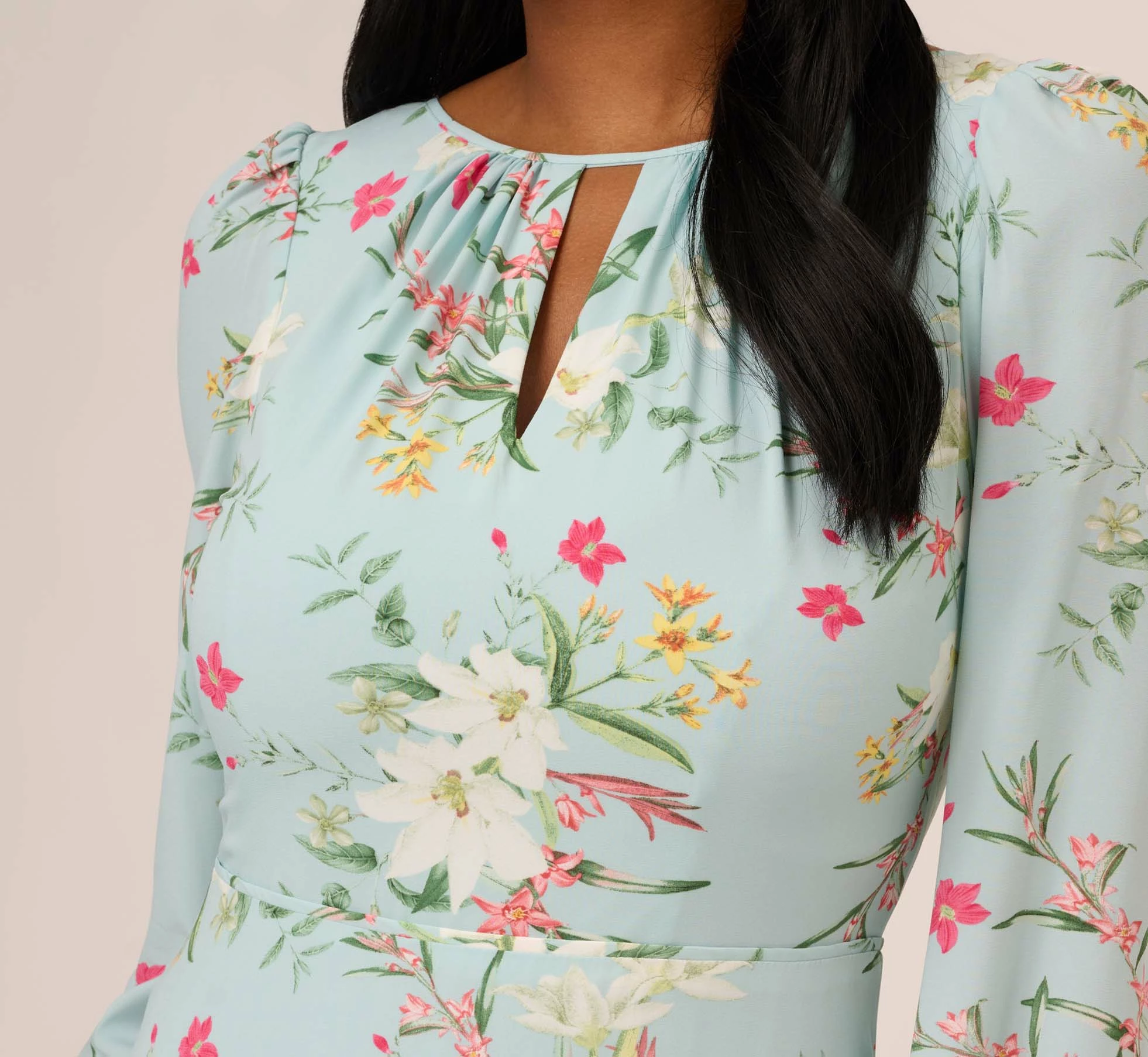 Adrianna Papell Floral Print Stretch Chiffon Tiered Ruffled Midi-Length Dress In Mint Smoke 3 Adrianna Papell Floral Print Stretch Chiffon Tiered Ruffled Midi-Length Dress In Mint Smoke - Image 3