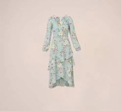 Adrianna Papell Floral Print Stretch Chiffon Tiered Ruffled Midi-Length Dress In Mint Smoke 13 Adrianna Papell Floral Print Stretch Chiffon Tiered Ruffled Midi-Length Dress In Mint Smoke -Adrianna Papell Shop AP1D104953 AH484 Regular Flat