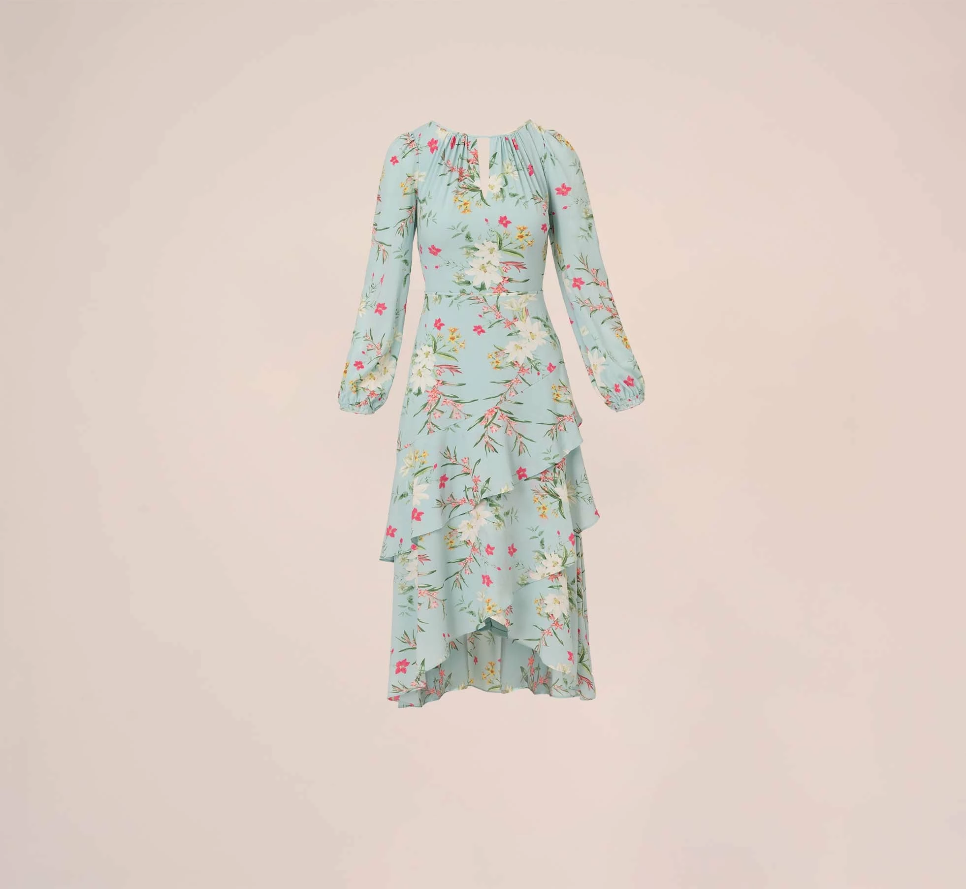 Adrianna Papell Floral Print Stretch Chiffon Tiered Ruffled Midi-Length Dress In Mint Smoke 7 Adrianna Papell Floral Print Stretch Chiffon Tiered Ruffled Midi-Length Dress In Mint Smoke - Image 7