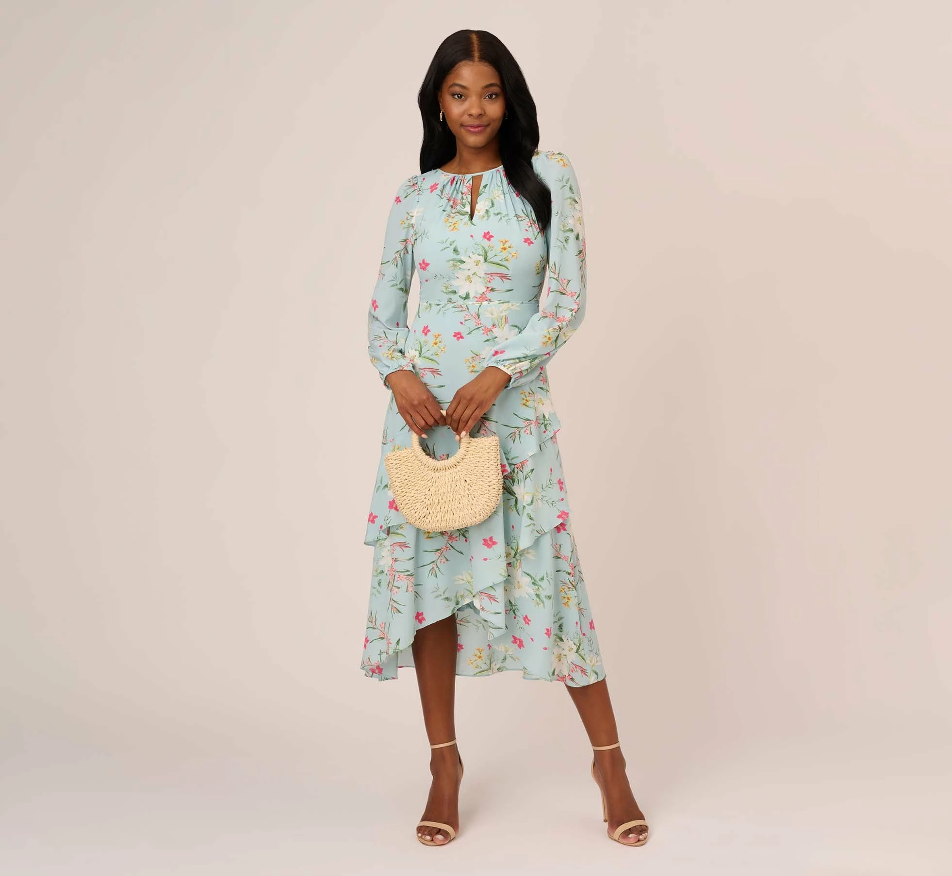Adrianna Papell Floral Print Stretch Chiffon Tiered Ruffled Midi-Length Dress In Mint Smoke 1 Adrianna Papell Floral Print Stretch Chiffon Tiered Ruffled Midi-Length Dress In Mint Smoke