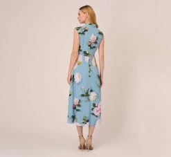 Adrianna Papell Floral Print Crepe De Chine Midi-Length Dress In Blue Multi 10 Adrianna Papell Floral Print Crepe De Chine Midi-Length Dress In Blue Multi -Adrianna Papell Shop AP1D104960 AA461 Regular Back
