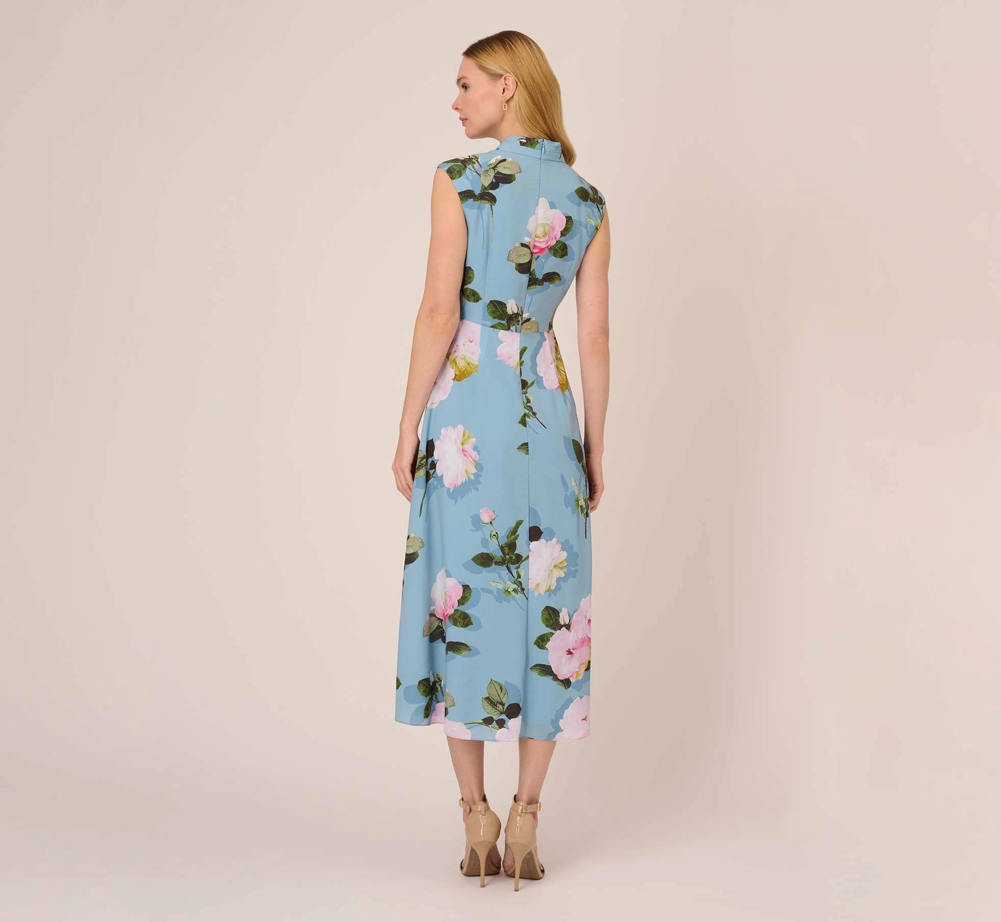 Adrianna Papell Floral Print Crepe De Chine Midi-Length Dress In Blue Multi 4 Adrianna Papell Floral Print Crepe De Chine Midi-Length Dress In Blue Multi - Image 4