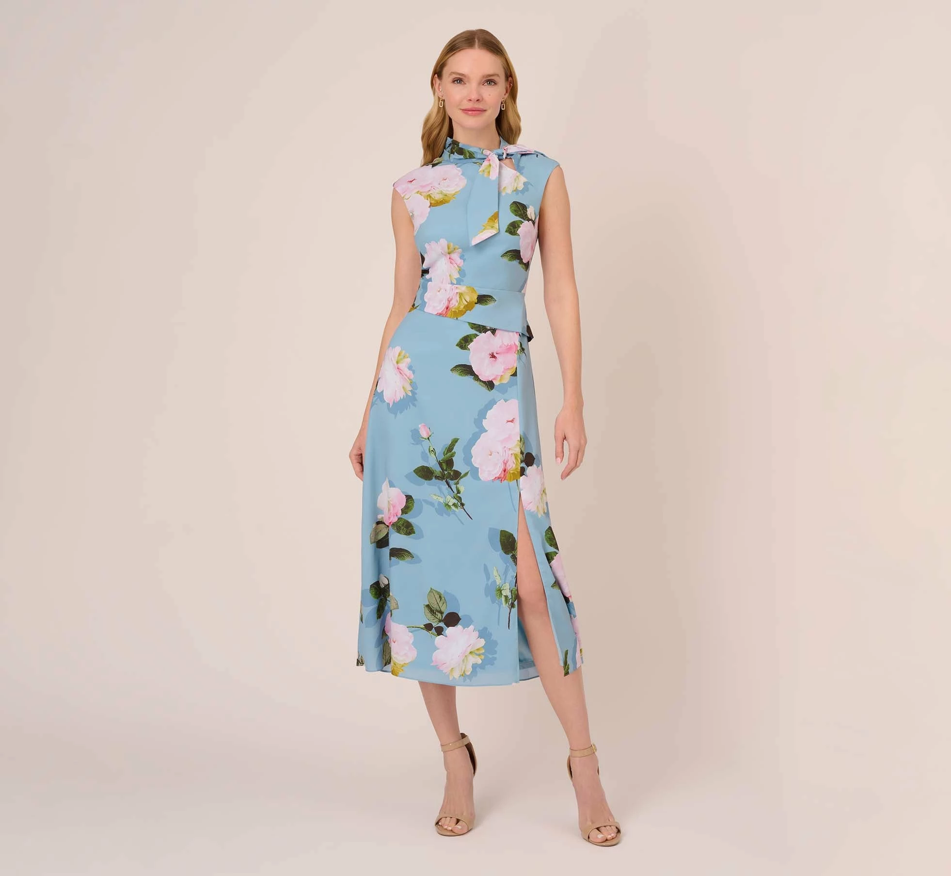Adrianna Papell Floral Print Crepe De Chine Midi-Length Dress In Blue Multi 2 Adrianna Papell Floral Print Crepe De Chine Midi-Length Dress In Blue Multi - Image 2
