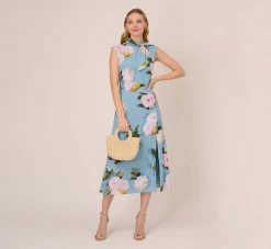 Adrianna Papell Floral Print Crepe De Chine Midi-Length Dress In Blue Multi