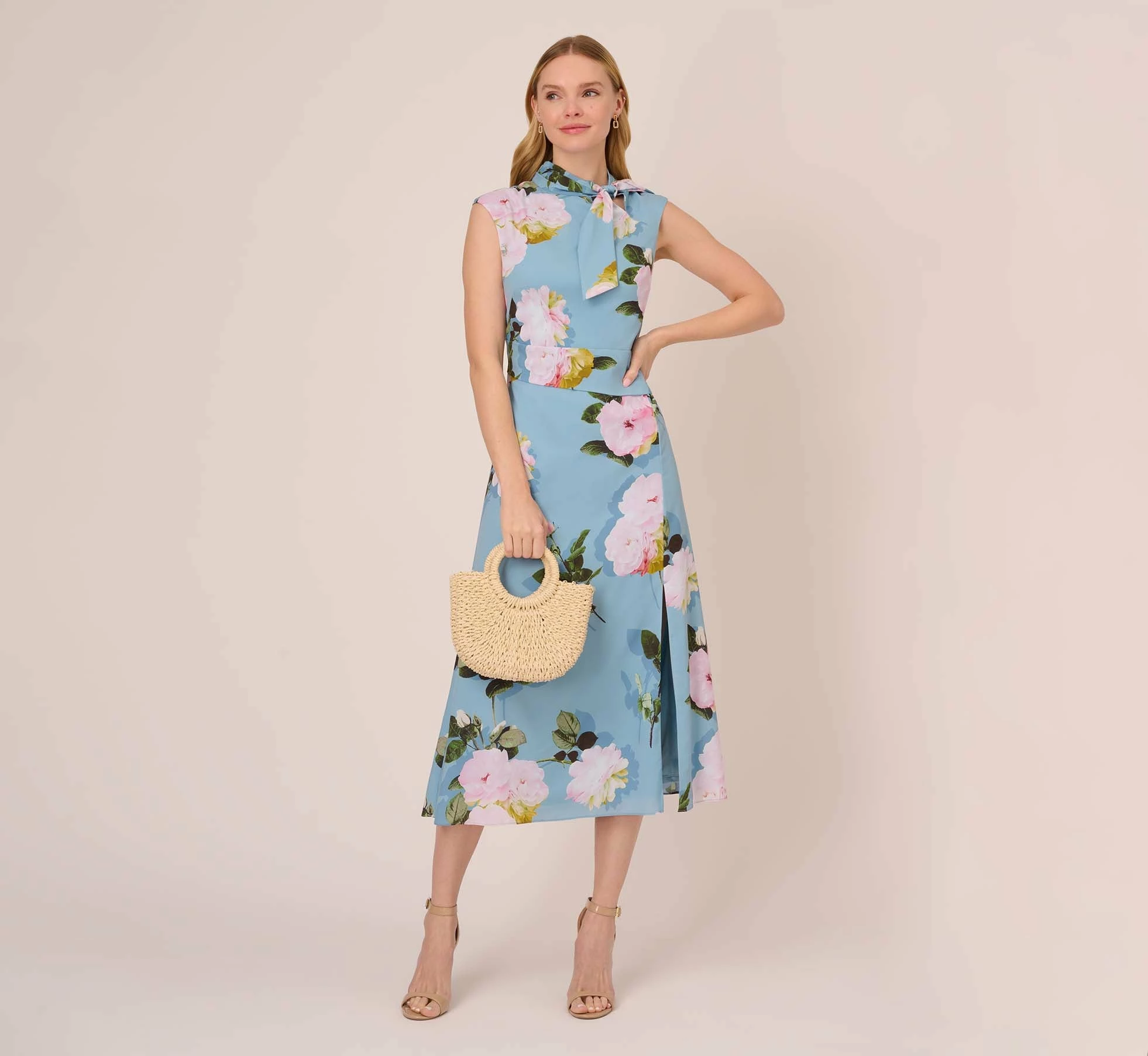 Adrianna Papell Floral Print Crepe De Chine Midi-Length Dress In Blue Multi 1 Adrianna Papell Floral Print Crepe De Chine Midi-Length Dress In Blue Multi