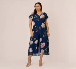 Adrianna Papell Plus Size Floral Print Chiffon Cropped Jumpsuit In Navy Multi