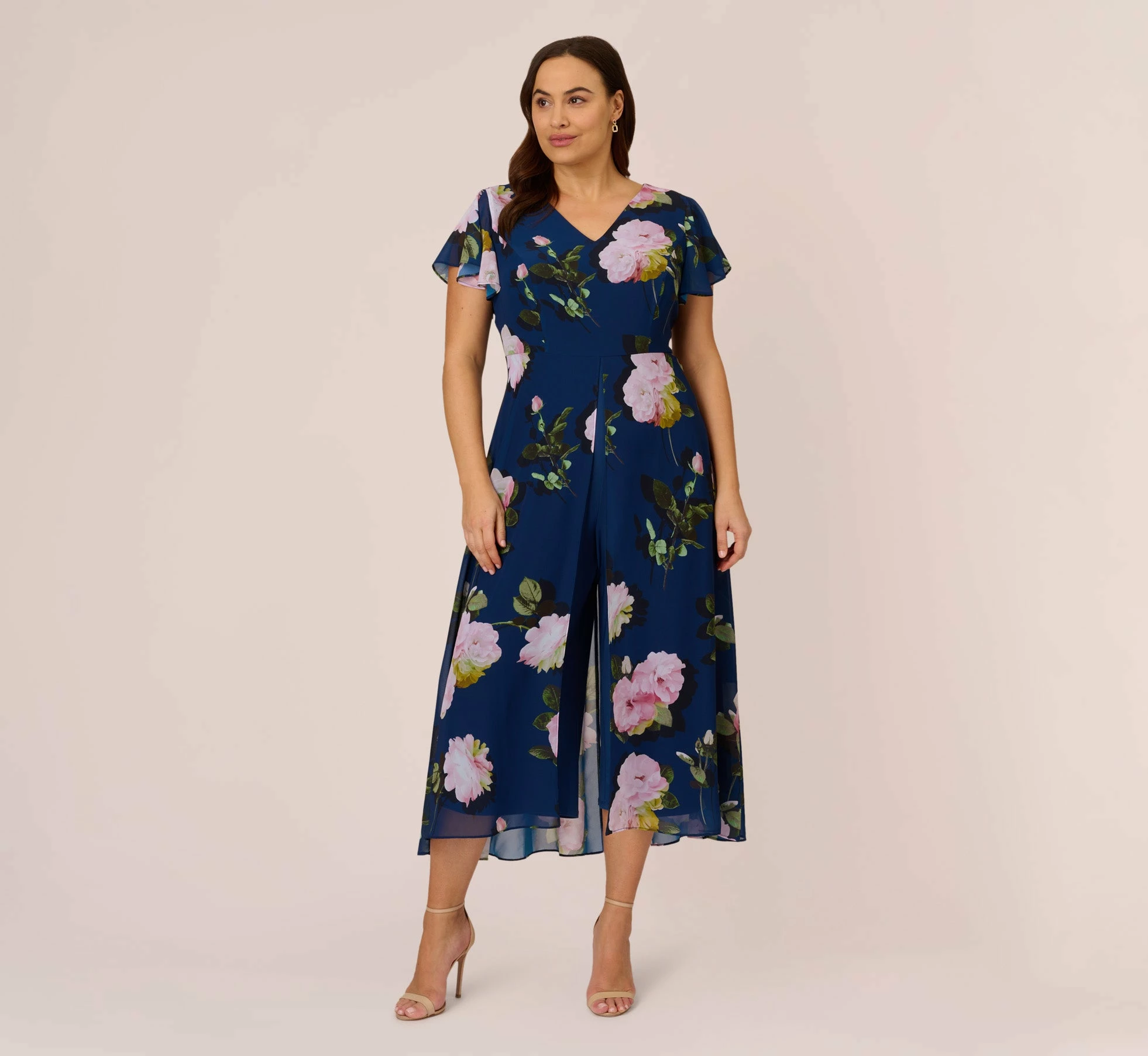 Adrianna Papell Plus Size Floral Print Chiffon Cropped Jumpsuit In Navy Multi 1 Adrianna Papell Plus Size Floral Print Chiffon Cropped Jumpsuit In Navy Multi