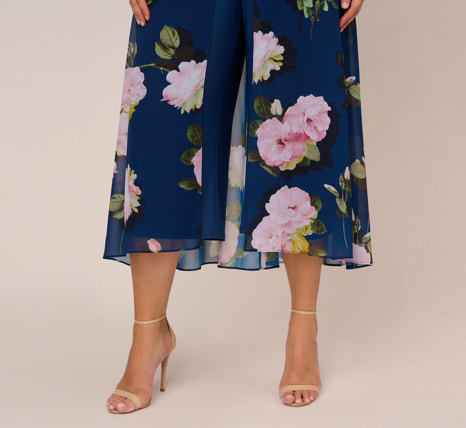 Adrianna Papell Plus Size Floral Print Chiffon Cropped Jumpsuit In Navy Multi 7 Adrianna Papell Plus Size Floral Print Chiffon Cropped Jumpsuit In Navy Multi - Image 7