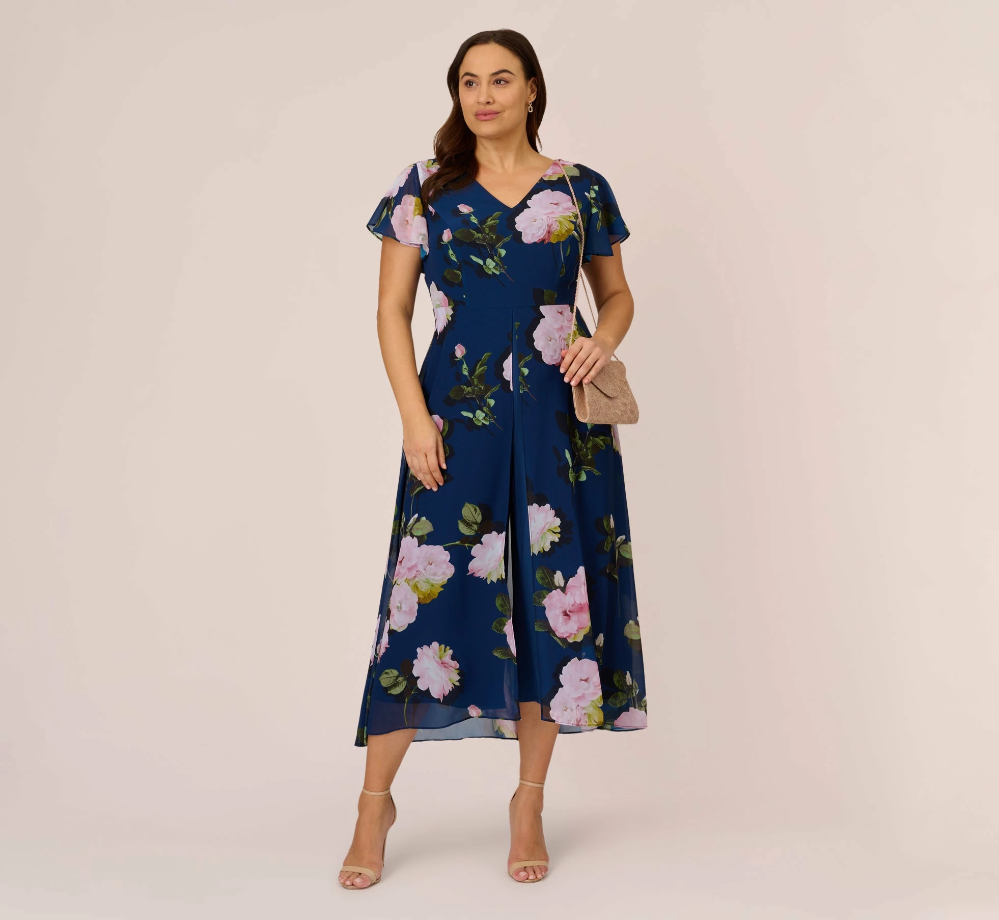 Adrianna Papell Plus Size Floral Print Chiffon Cropped Jumpsuit In Navy Multi 2 Adrianna Papell Plus Size Floral Print Chiffon Cropped Jumpsuit In Navy Multi - Image 2