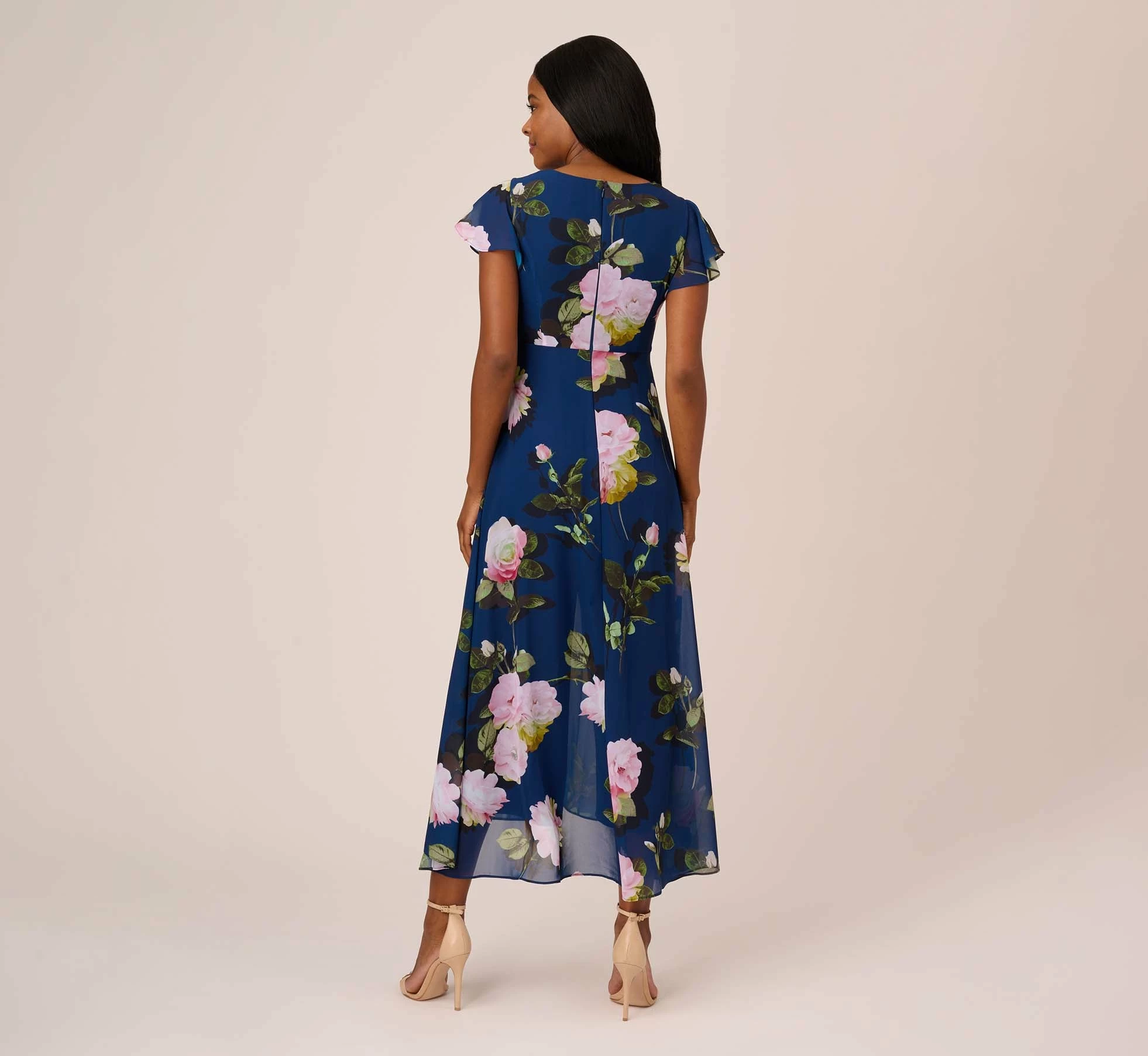 Adrianna Papell Floral Print Chiffon Cropped Jumpsuit In Navy Multi 3 Adrianna Papell Floral Print Chiffon Cropped Jumpsuit In Navy Multi - Image 3