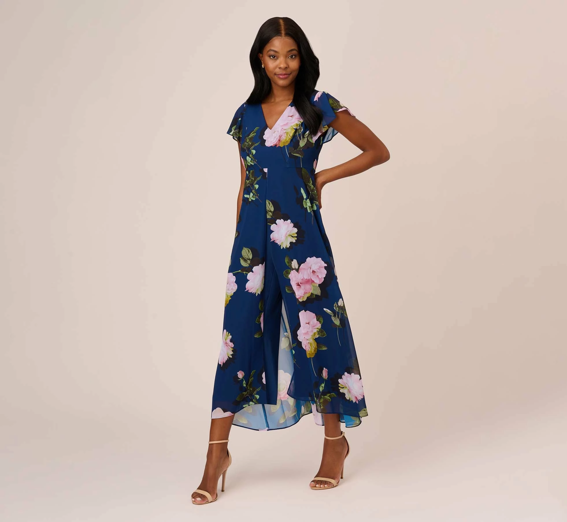 Adrianna Papell Floral Print Chiffon Cropped Jumpsuit In Navy Multi 7 Adrianna Papell Floral Print Chiffon Cropped Jumpsuit In Navy Multi - Image 7