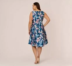 Adrianna Papell Plus Size Floral Print Mikado Short High Low Fit-And-Flare Dress In Navy Multi -Adrianna Papell Shop AP1D104962 AA980 Plus Back