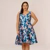 Adrianna Papell Plus Size Floral Print Mikado Short High Low Fit-And-Flare Dress In Navy Multi