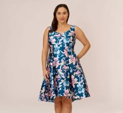 Adrianna Papell Plus Size Floral Print Mikado Short High Low Fit-And-Flare Dress In Navy Multi