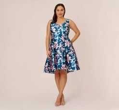 Adrianna Papell Plus Size Floral Print Mikado Short High Low Fit-And-Flare Dress In Navy Multi -Adrianna Papell Shop AP1D104962 AA980 Plus Front