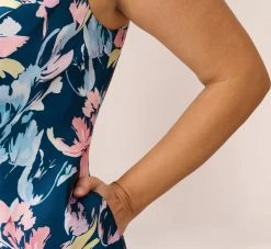 Adrianna Papell Plus Size Floral Print Mikado Short High Low Fit-And-Flare Dress In Navy Multi -Adrianna Papell Shop AP1D104962 AA980 Plus Lifestyle