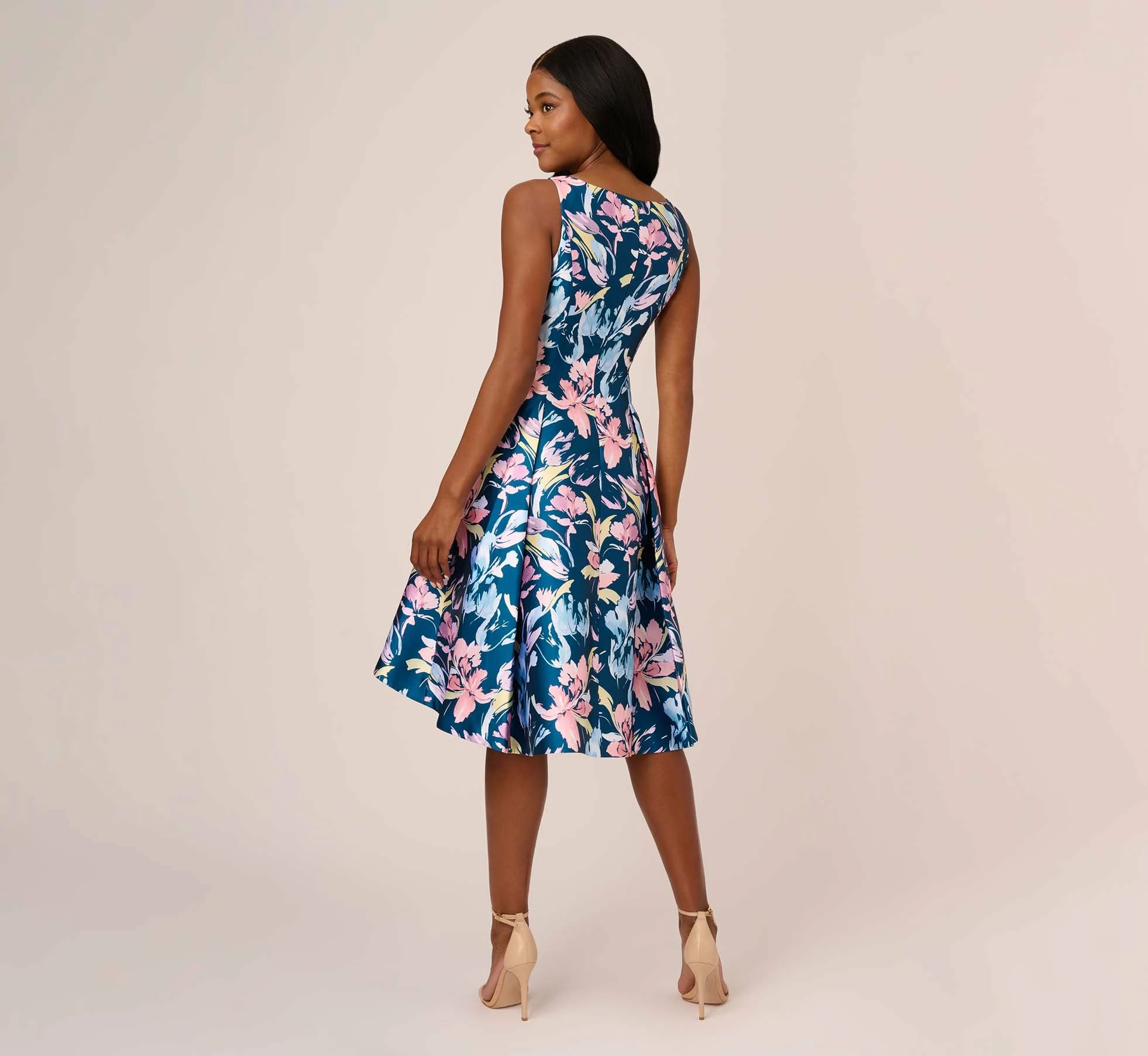 Adrianna Papell Floral Print Mikado Short High Low Fit-And-Flare Dress In Navy Multi 4 Adrianna Papell Floral Print Mikado Short High Low Fit-And-Flare Dress In Navy Multi - Image 4